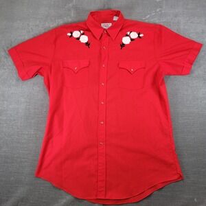 Ely Diamond Mens Red Short Sleeve Western Pearl Snap Shirt Rose‎ Floral Large
